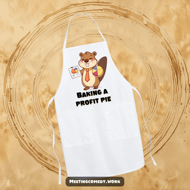 Funny beaver in a tie presenting a pie chart, ideal for kitchen or office, adding a humorous touch to an apron.