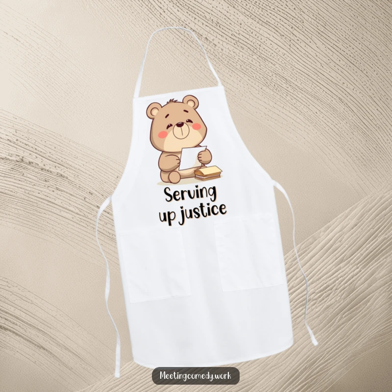 Funny bear diligently sorting papers with a satisfied grin, ideal for kitchen tasks and humorous apron wear.