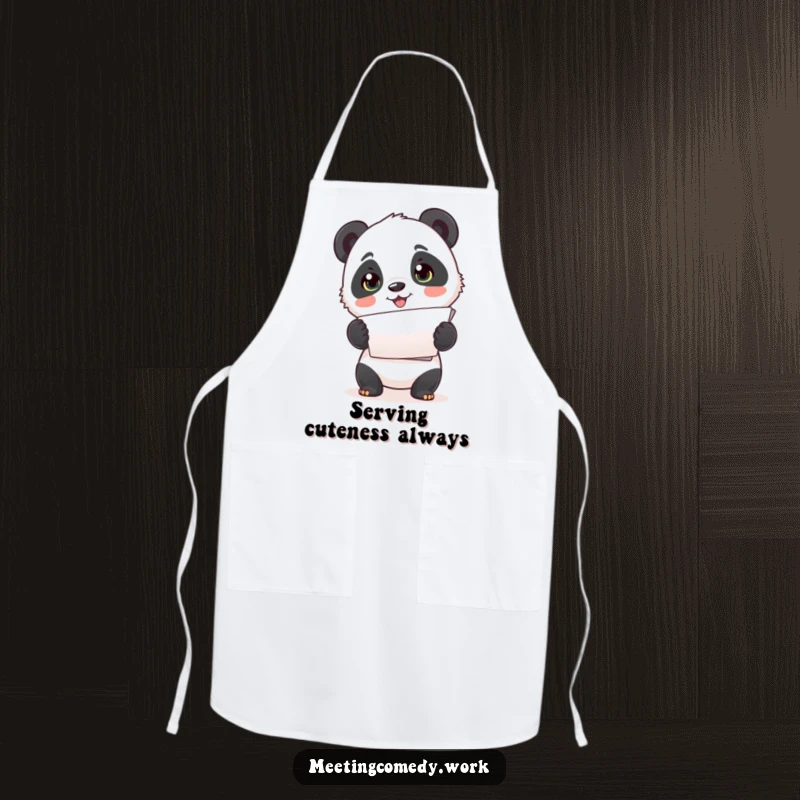 Funny apron with a cute panda cub enthusiastically presenting papers, adding adorable organization to kitchen tasks.