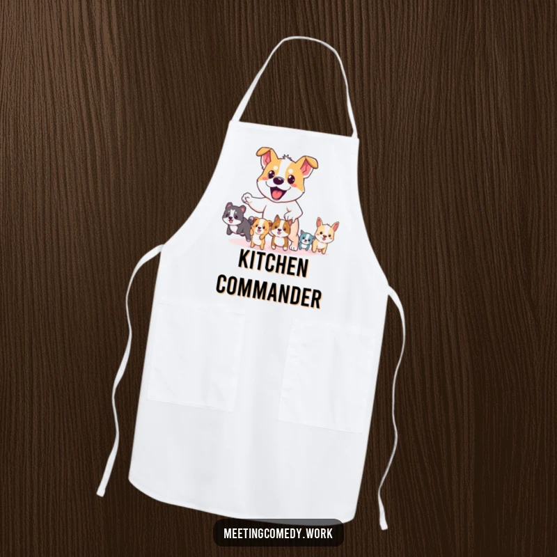 Funny apron with a courageous dog at the helm, guiding small animals, perfect for a chef with a sense of humor.