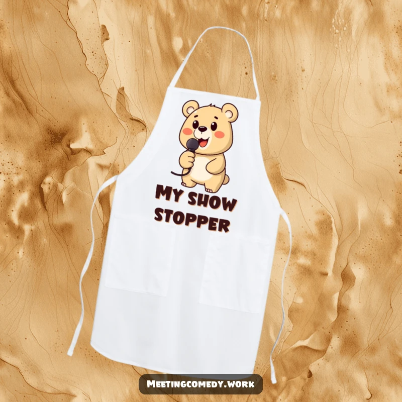 Funny apron with a cheerful bear holding a microphone, perfect for cooking and entertaining with a musical flair.