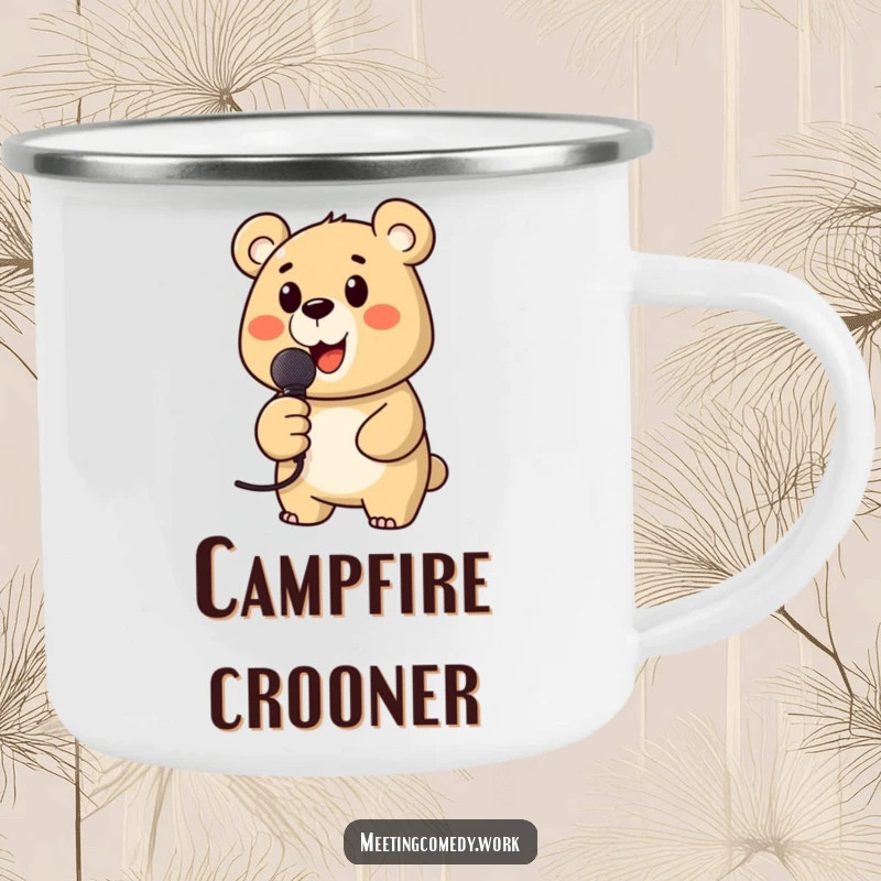 Funny camping mug with a bear holding a microphone, ready for campfire concerts, perfect for outdoor adventures.
