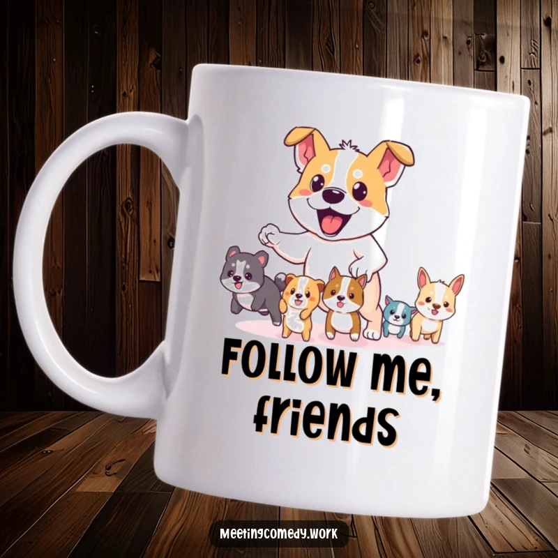 Funny mug showcasing a brave dog leading a group of tiny animals, symbolizing leadership and adorable determination.
