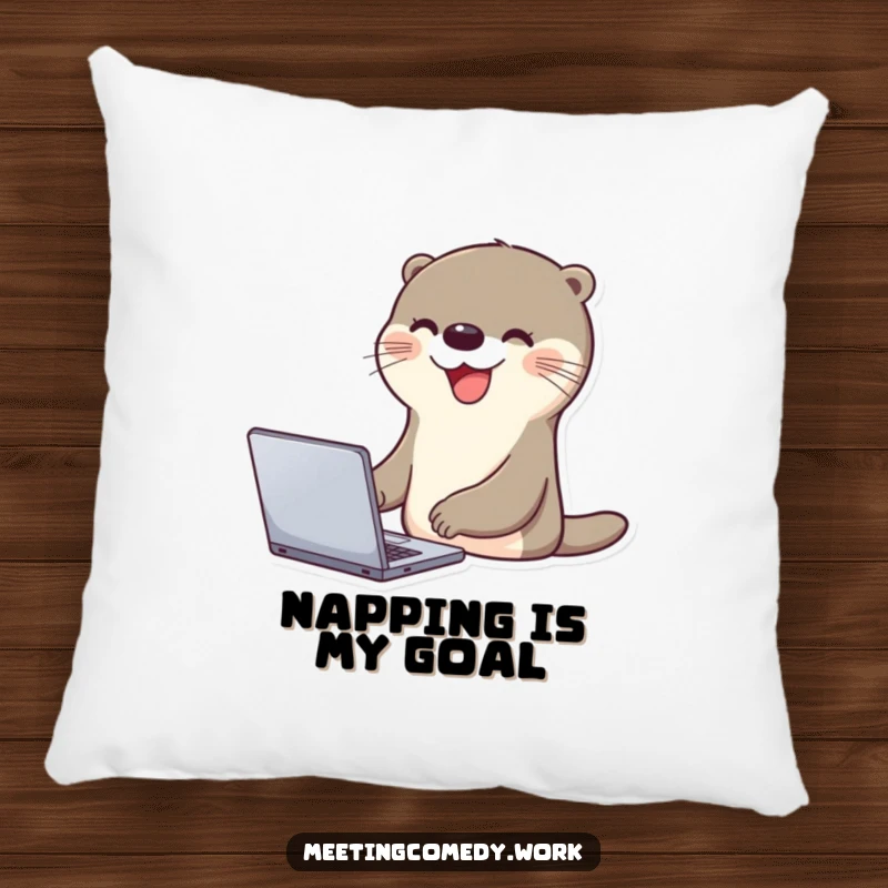 Funny otter with a beaming smile using a laptop, offering comfort and tech-themed humor on a pillow.