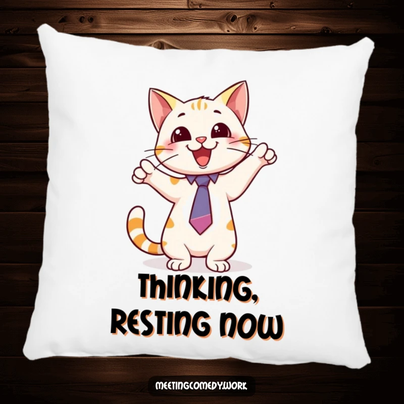 Funny pillow with a playful cat wearing a tie, pointing excitedly at a whiteboard, offering comfort and smart humor.