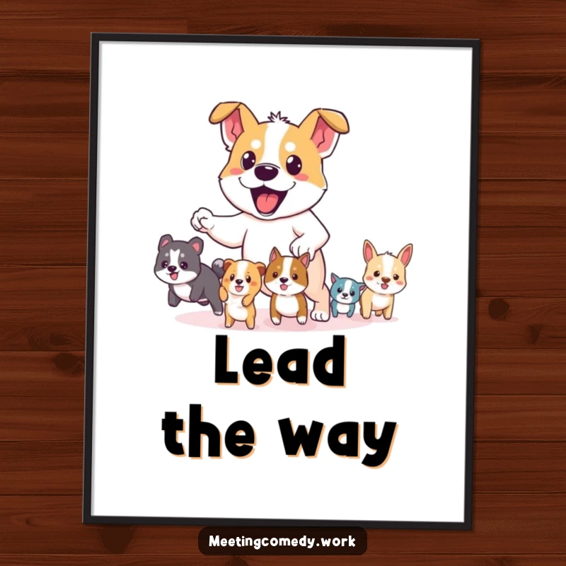 Funny digital art print of a determined dog guiding small animals, conveying bravery and leadership with humor.