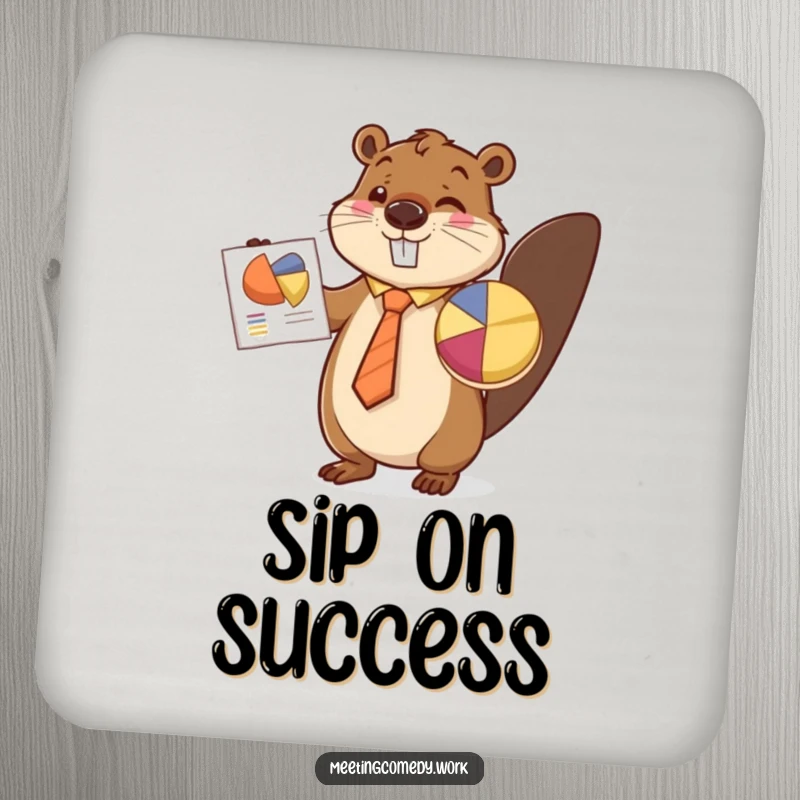 Funny beaver in a tie presenting a pie chart, a humorous and protective addition to any drink coaster.