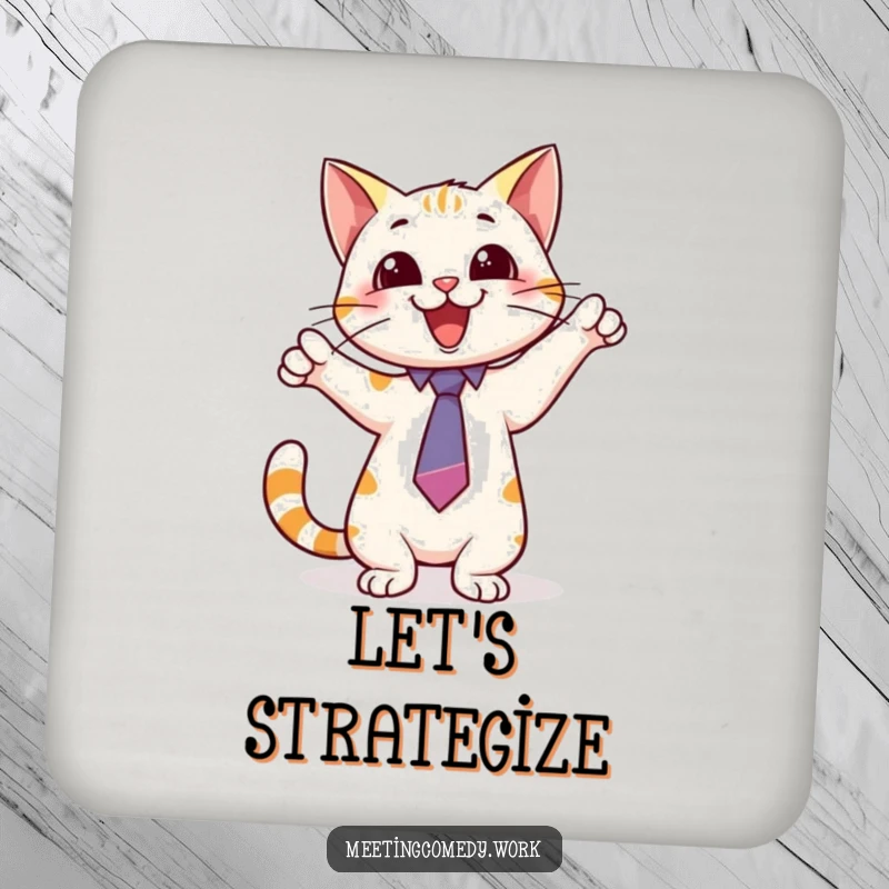 Funny drink coasters featuring a playful cat wearing a tie, pointing excitedly at a whiteboard, adding smart humor to surface protection.