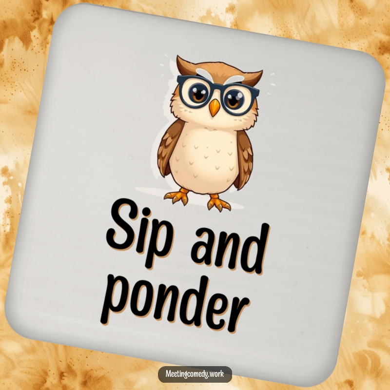 Funny owl with tiny spectacles peering at a whiteboard, a protective and humorous accent for drink coasters.