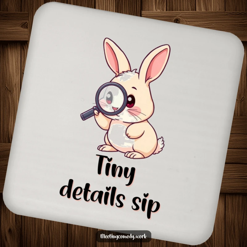 Funny drink coaster with a rabbit using a magnifying glass, adding a humorous and inquisitive touch to any table.
