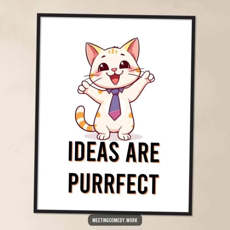 Funny poster of a playful cat wearing a tie, pointing excitedly at a whiteboard, adding intelligent humor to walls.