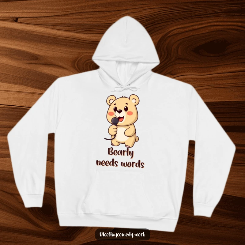 Funny hoodie showcasing an enthusiastic bear holding a microphone, capturing a moment of musical joy, great for casual wear.