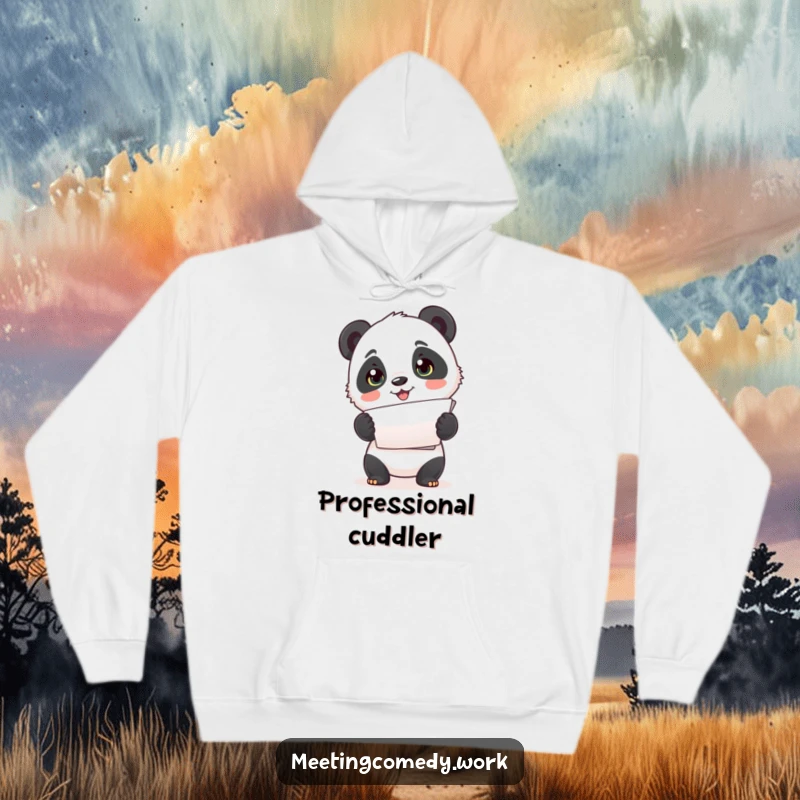 Funny hoodie featuring a cute panda cub enthusiastically presenting a stack of papers, perfect for staying warm and organized.