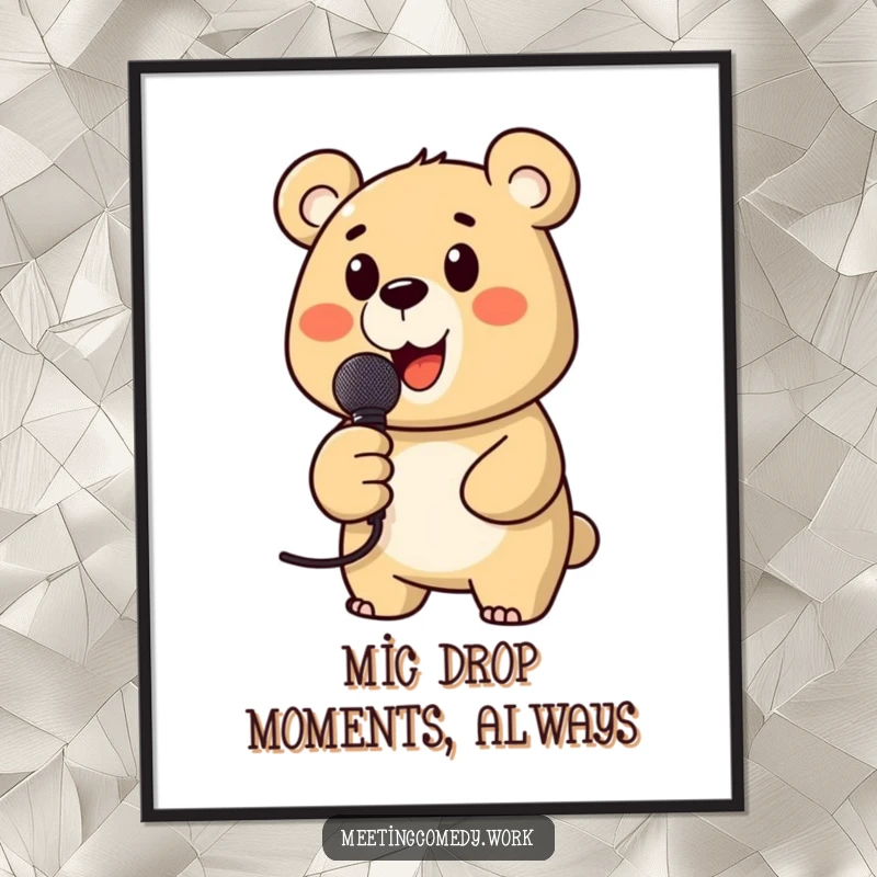 Funny free printable wall art of a cheerful bear holding a microphone, looking ready to perform a hilarious song for your enjoyment.
