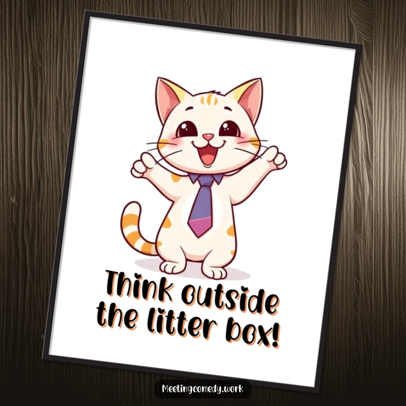 Funny Free Printable Wall Art of a playful cat wearing a tie, pointing with excitement at a whiteboard, suggesting ideas or fun.