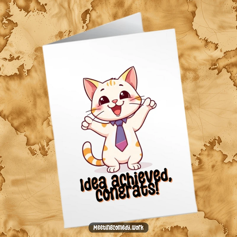 Funny Free Printable Congratulations Card featuring a playful cat in a tie pointing enthusiastically at a whiteboard announcing success.