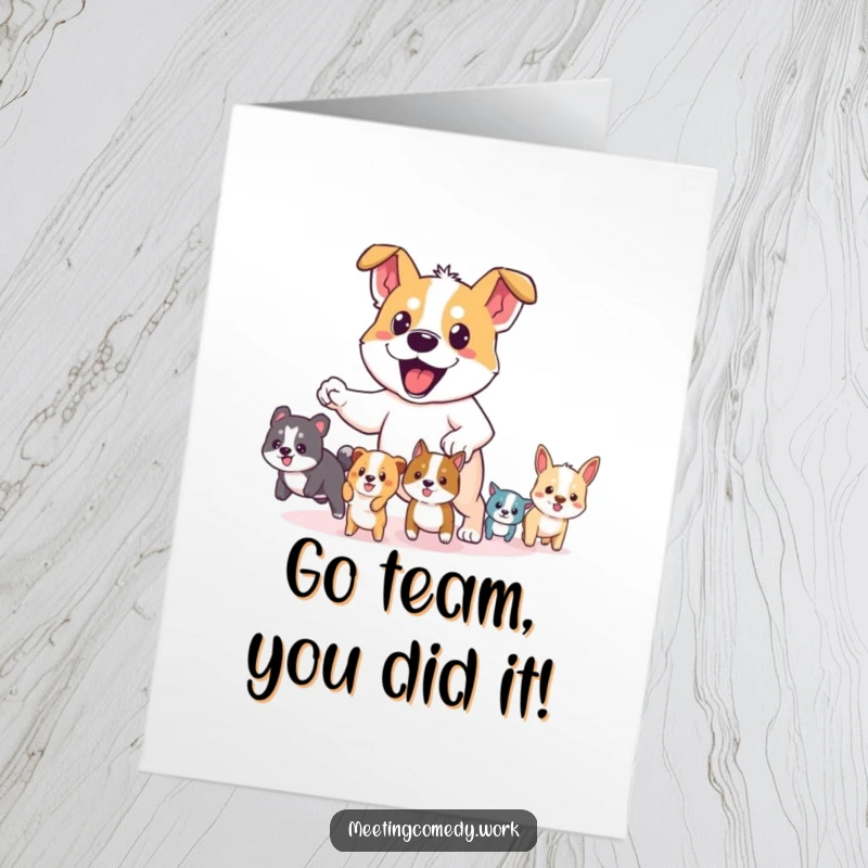 Funny free printable congratulations card with a determined dog leading a loyal group of small animals, celebrating a fantastic achievement.