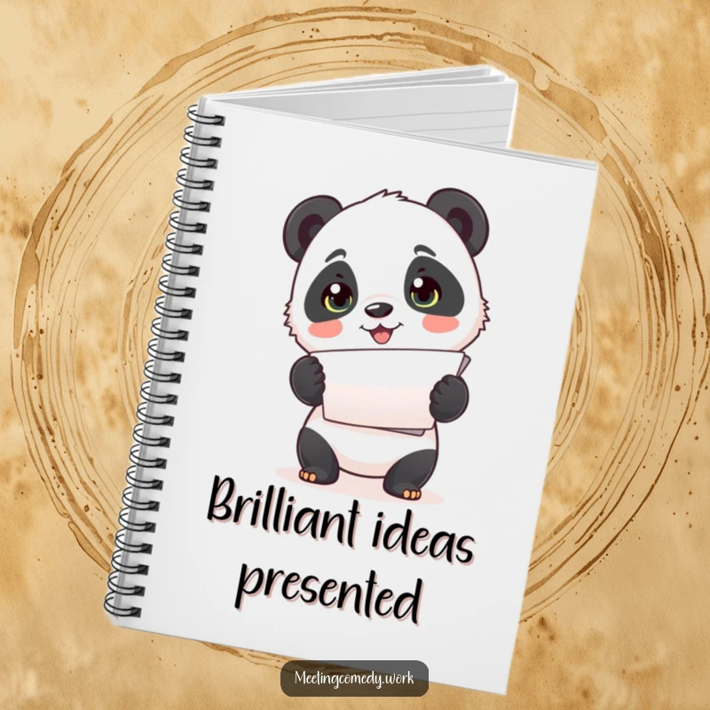 Funny notebook with a cute panda cub enthusiastically presenting papers, ideal for jotting down organized thoughts.