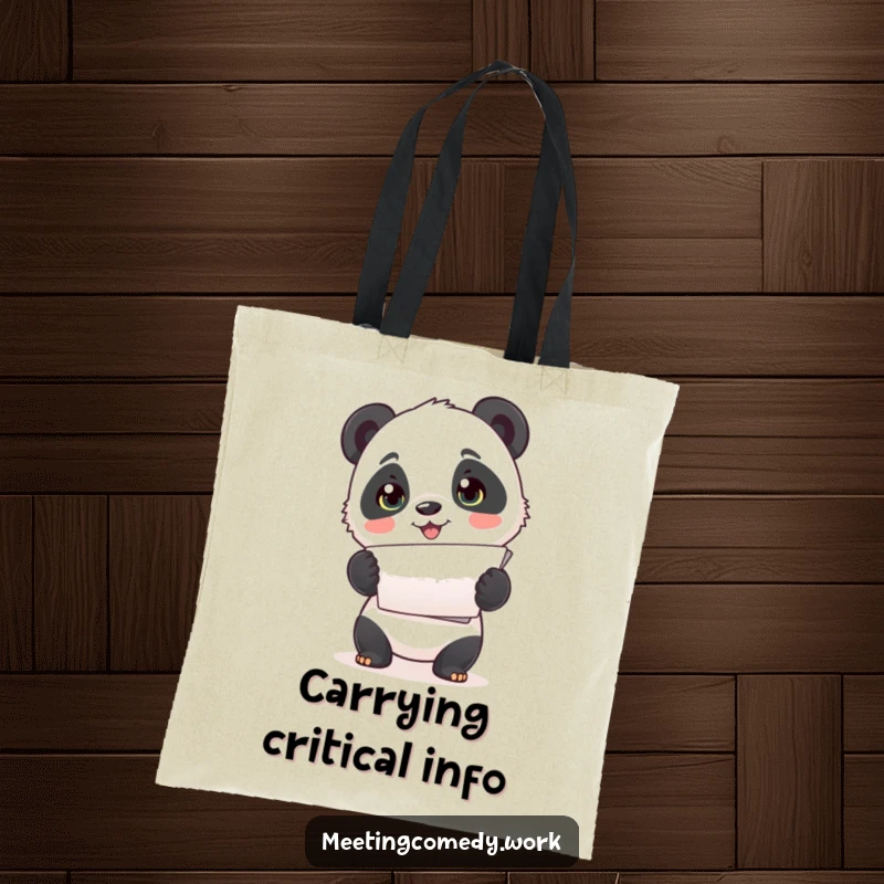 Funny tote bag with a cute panda cub enthusiastically presenting papers, a charming way to carry essentials.