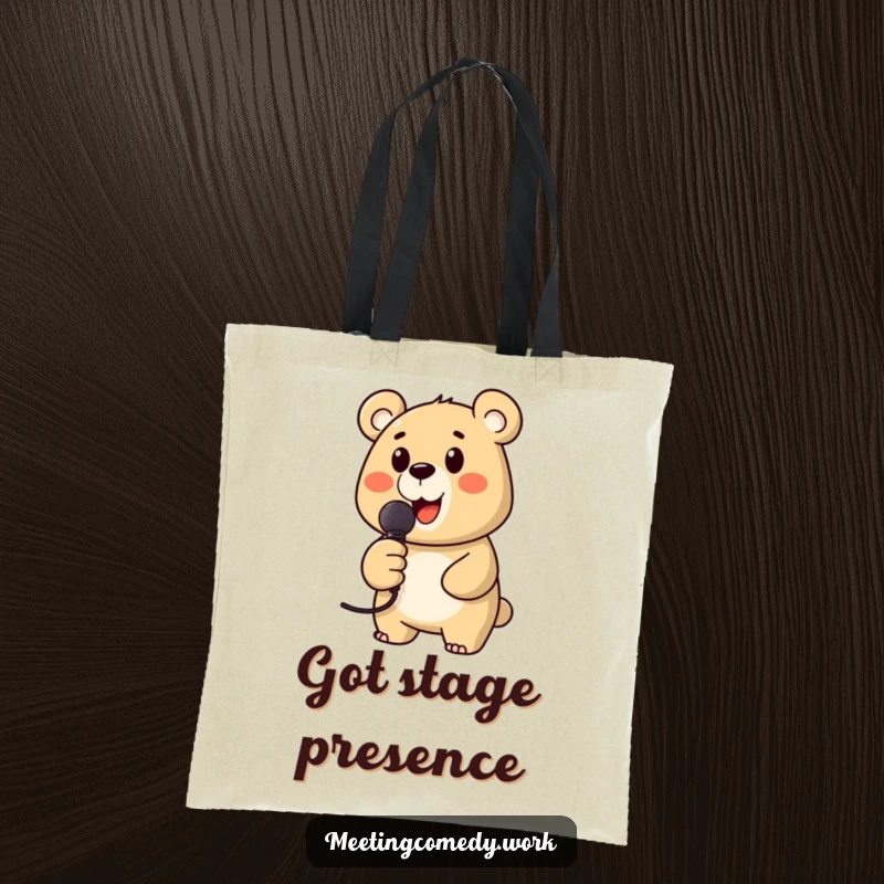 Funny tote bag with a cheerful bear holding a microphone, perfect for carrying books or groceries with a musical twist.
